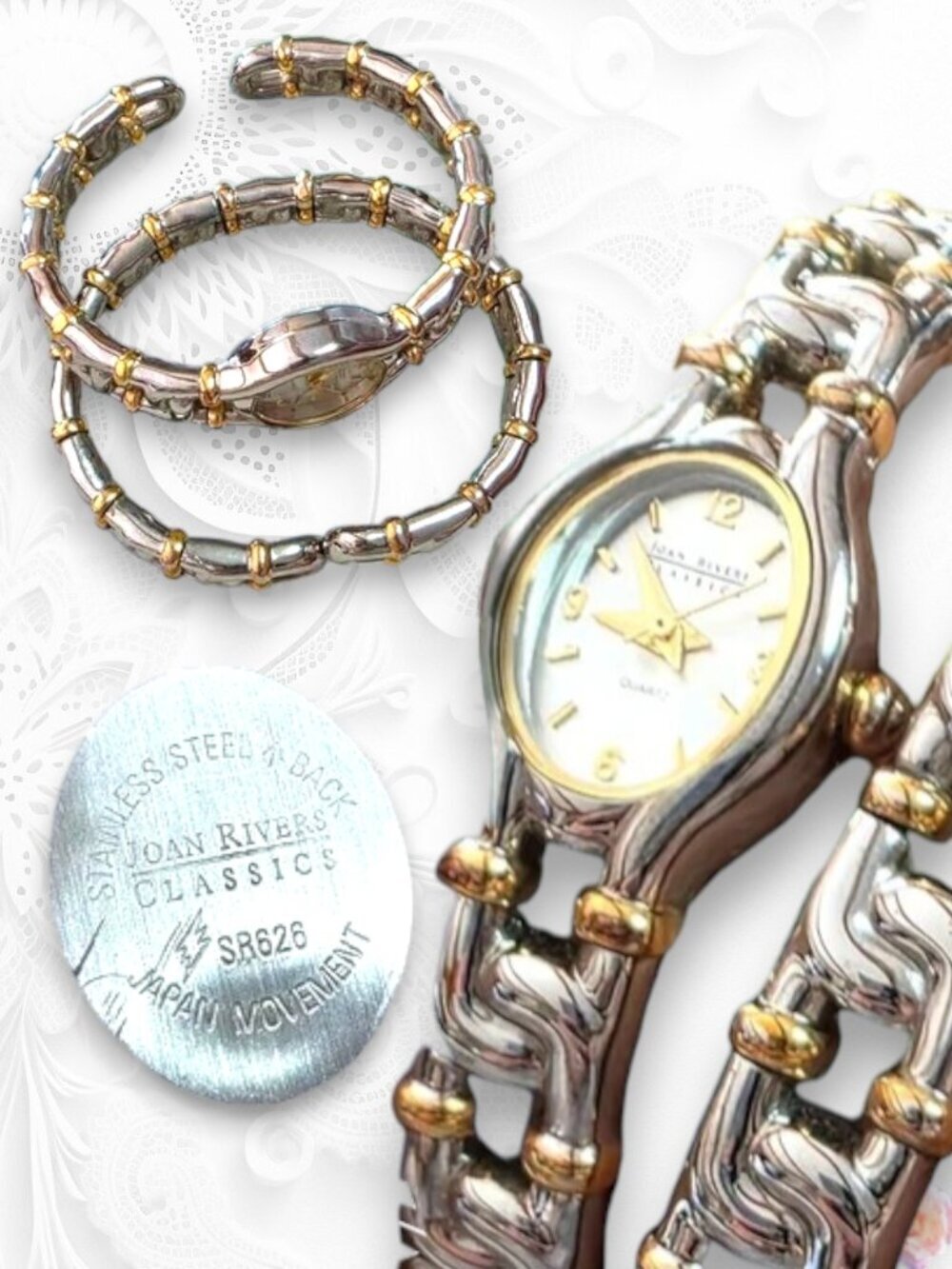 Joan Rivers Two Tone Watch Bracelet Set Stretch Band Vintage WORKS READY TO WEAR